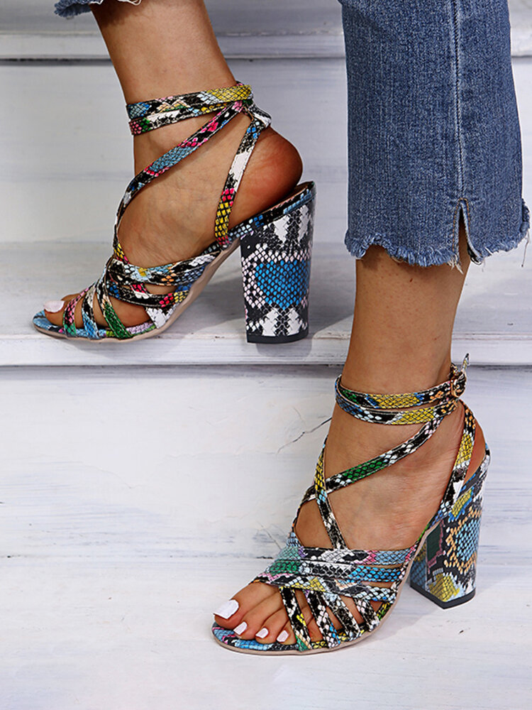 
	Women Fashion Colorful Snake Print Cross Straps Upper Ankle Buckle Strap Peep Toe Chunky Heels Sandals