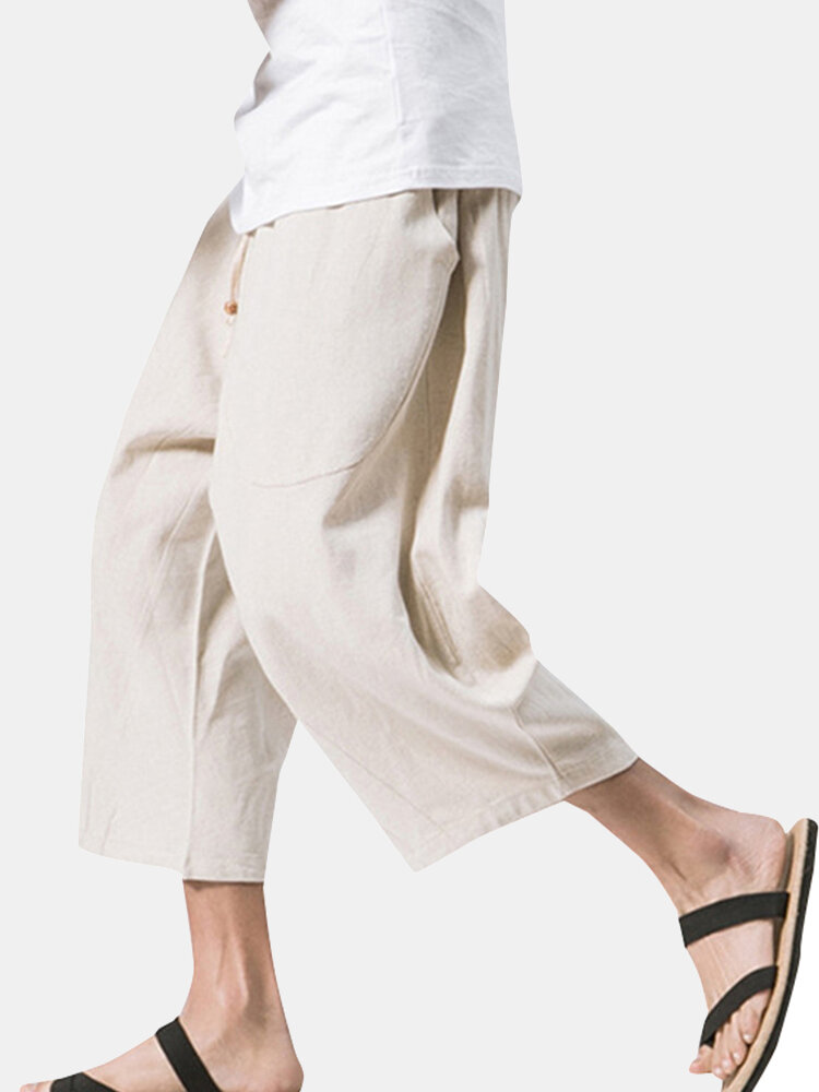 
	Mens Summer Breathable Cotton Linen Solid Color Calf Length Baggy Loose Drawstring Casual Shorts