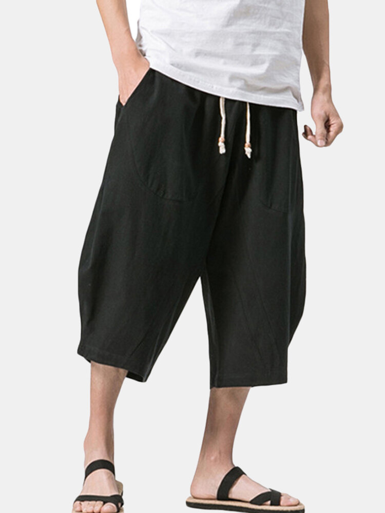 
	Mens Summer Breathable Cotton Linen Solid Color Calf Length Baggy Loose Drawstring Casual Shorts