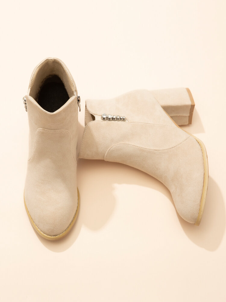 
	Women Suede Rhinestone Almond Toe Side Zipper Chunky Heel Ankle Boots