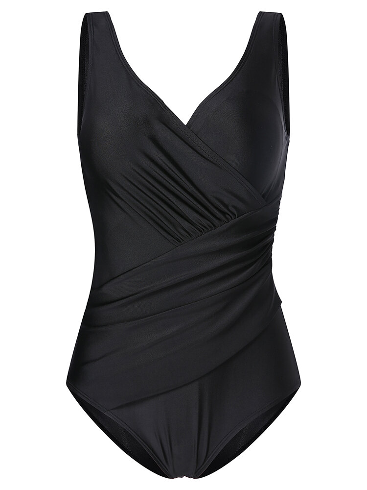 
	Plus Size Solid Color Ruffled V Neck Backless Figure Flattering One Piece Swimsuits For Women