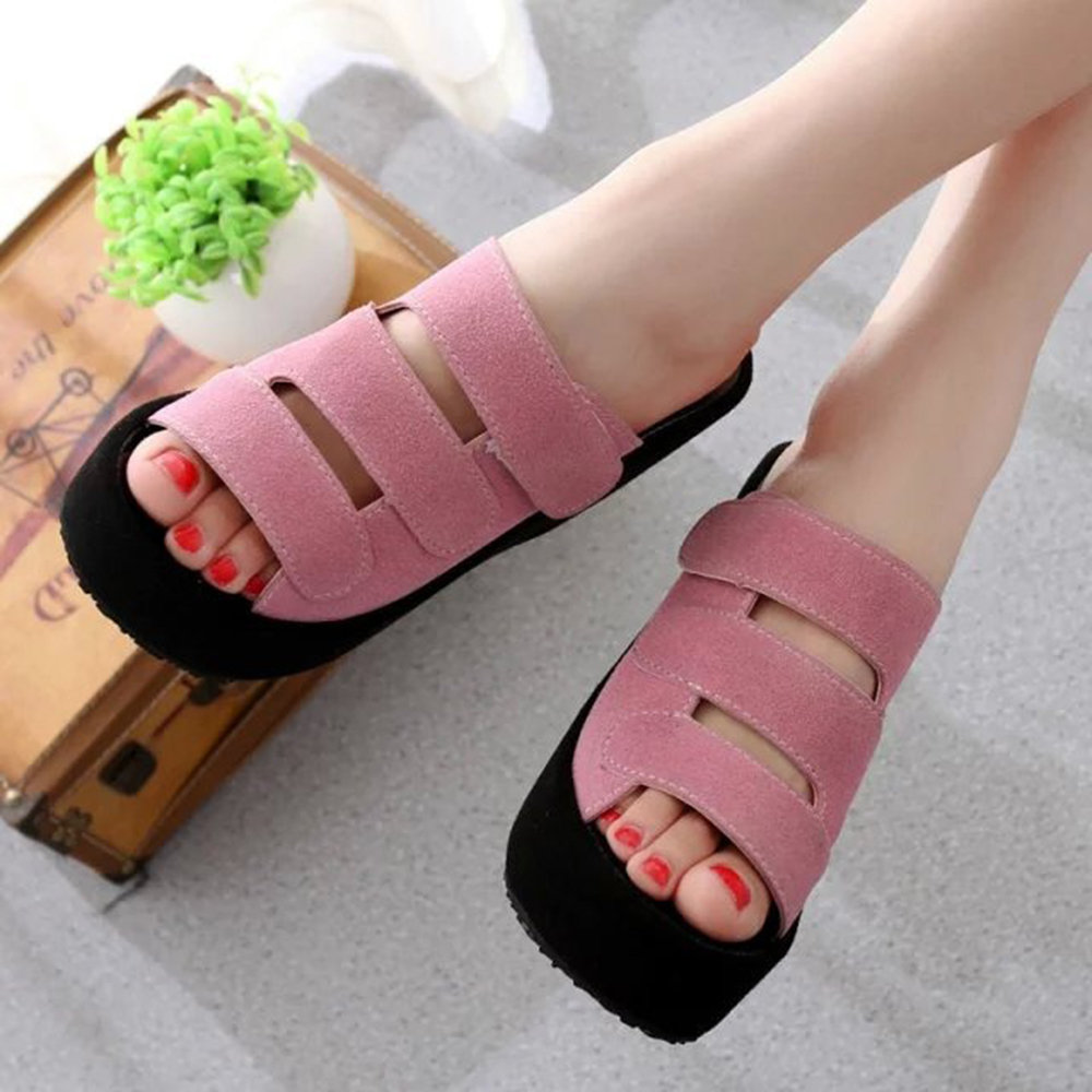
	Adjustable Hook Loop Peep Toe Platform Wedges Slippers