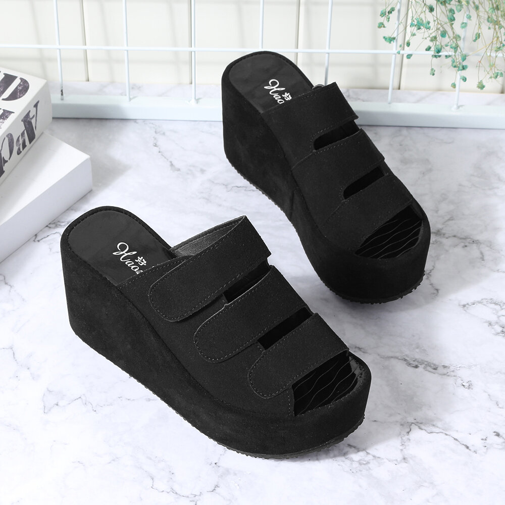 
	Adjustable Hook Loop Peep Toe Platform Wedges Slippers