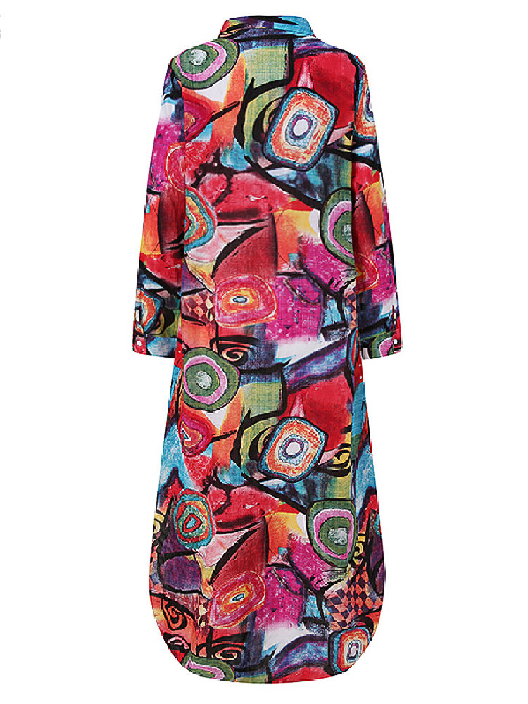 
	Print Long Sleeve Lapel Button Plus Size Dress with Pocket