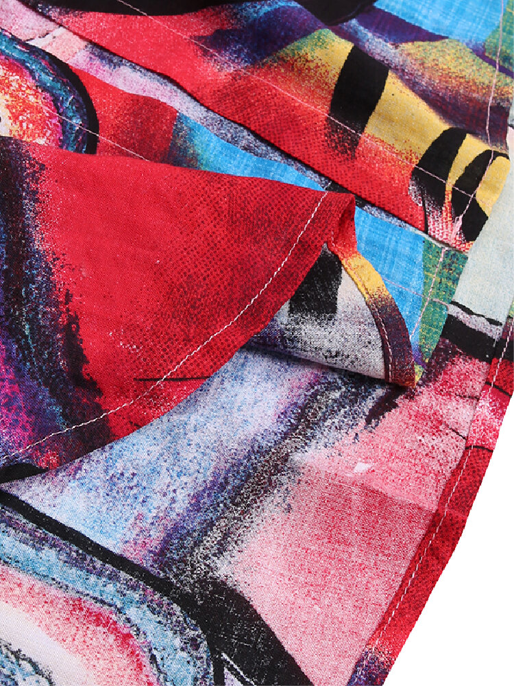 
	Print Long Sleeve Lapel Button Plus Size Dress with Pocket