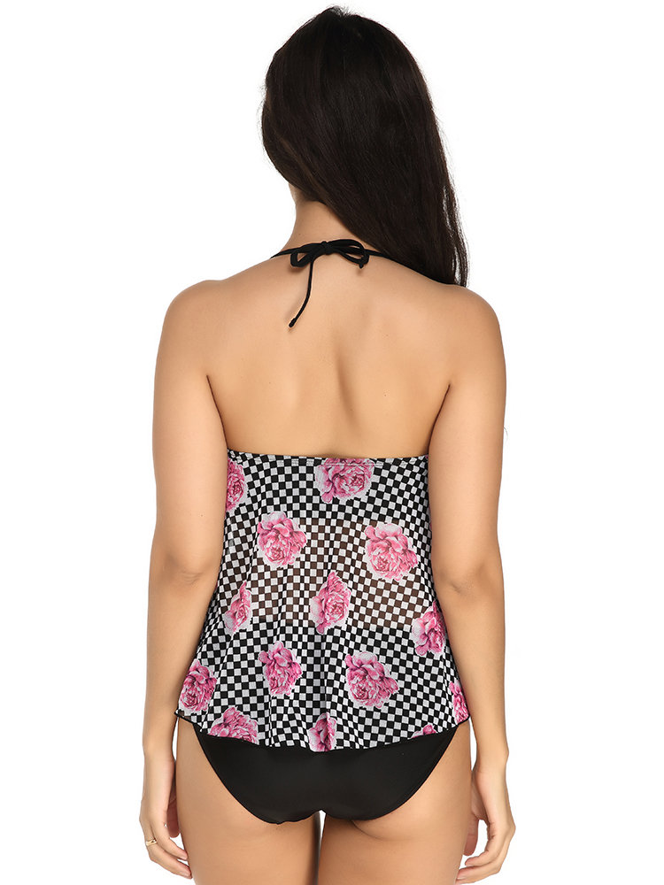 
	Plus Size Women Printed Plaid Halter String Backless Cozy Tankinis Swimsuits