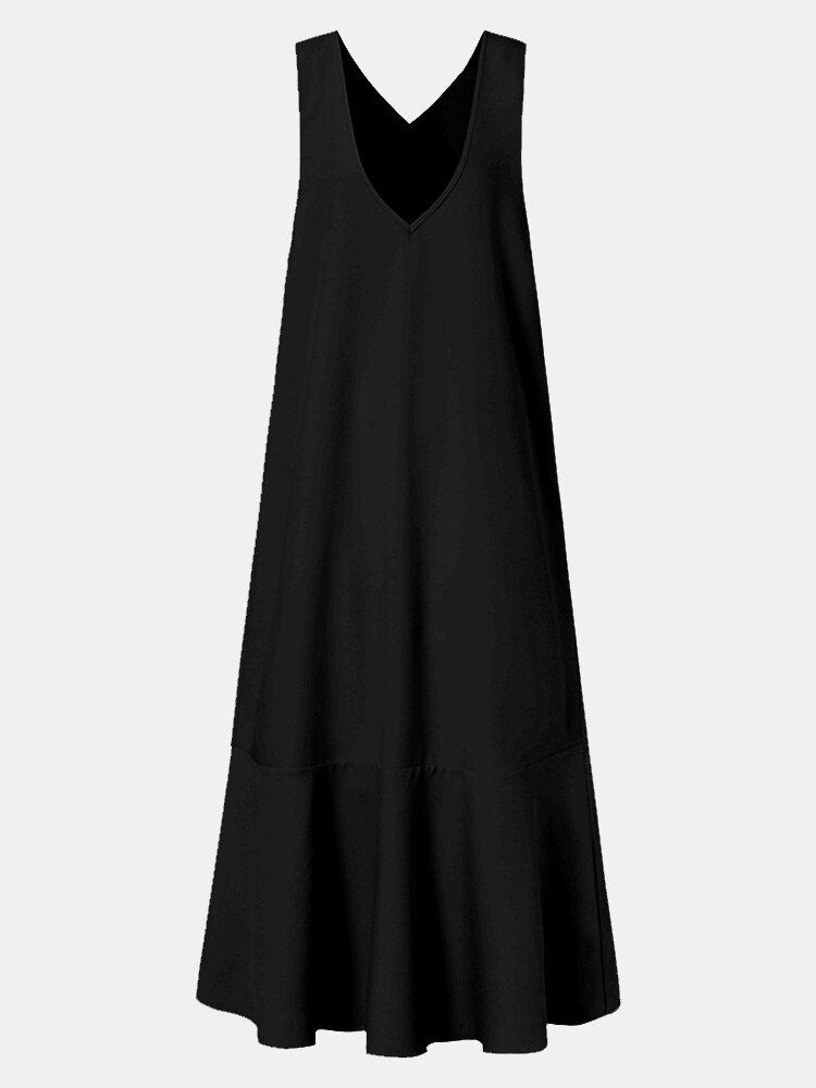 
	Solid Color Sleeveless V-neck Maxi Casual Dress For Women