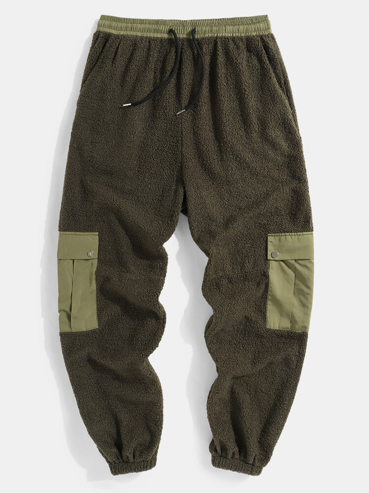 
	Mens Plush Thick Multi-Pocket Casual Drawstring Waist Teddy Jogger Pants