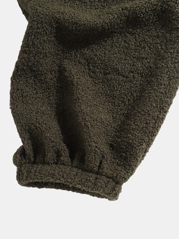 
	Mens Plush Thick Multi-Pocket Casual Drawstring Waist Teddy Jogger Pants