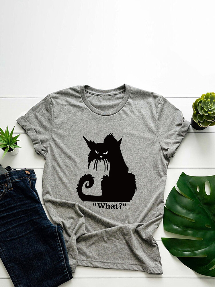 
	Cartoon Cat Printed Short Sleeve O-neck T-shirt For Women