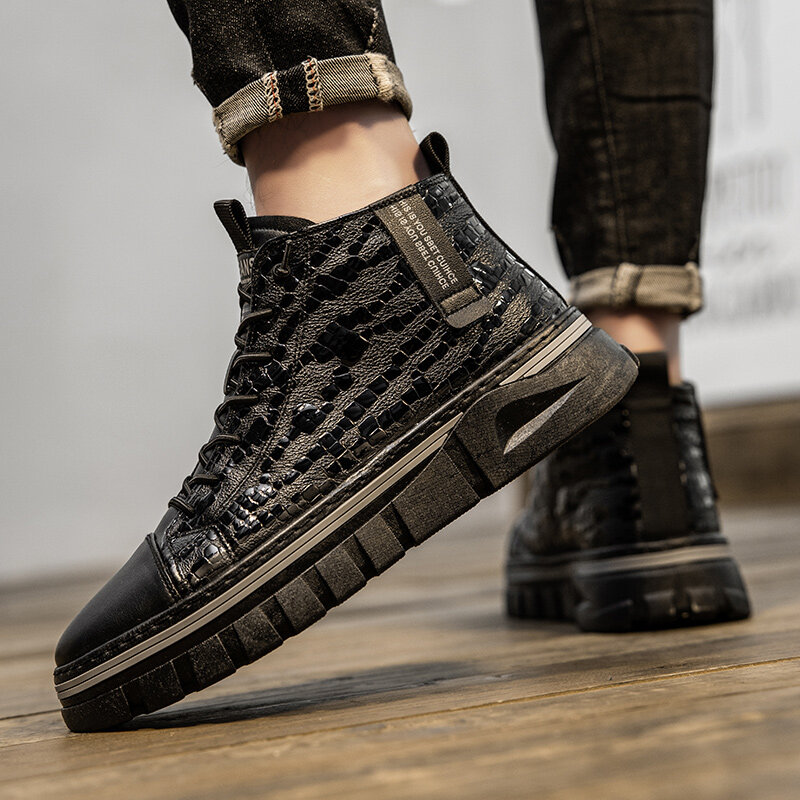 
	Men Stitching Alligator Veins Pure Color Wearable Casual Ankle Boots