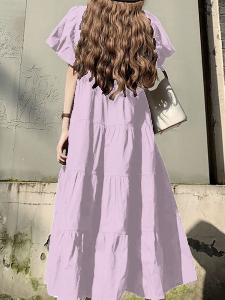 
	Solid Color Short Puff Sleeve Pleated Casual Loose Dress