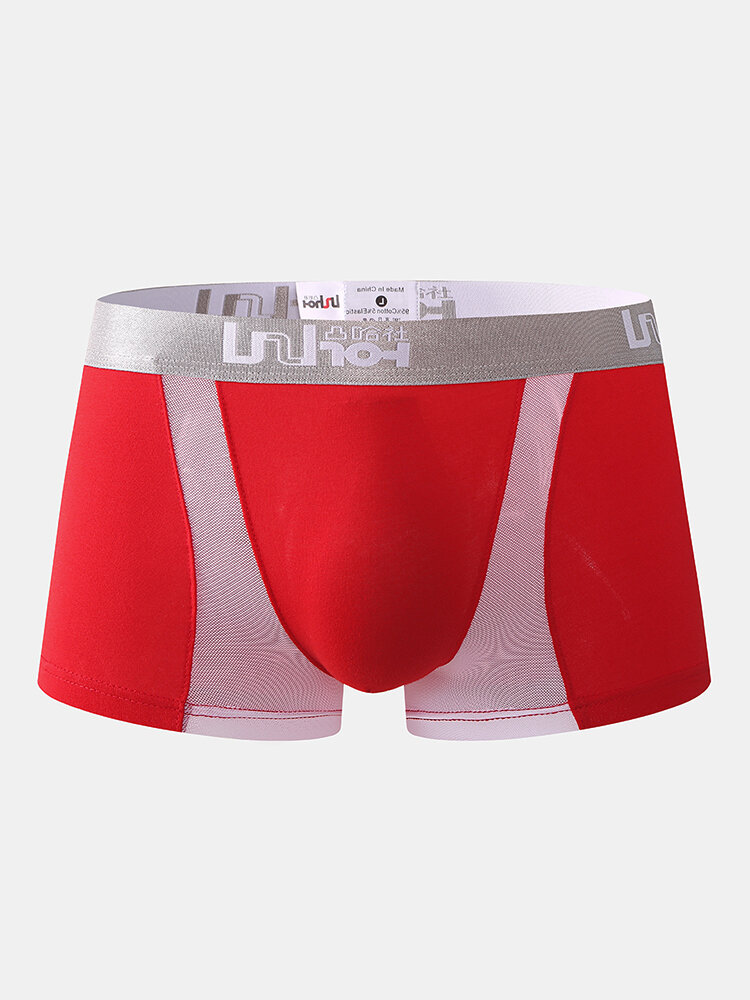 
	Mens Solid Color Patchwork Mesh Breathable Boxer Briefs Letter Waistband Underwear