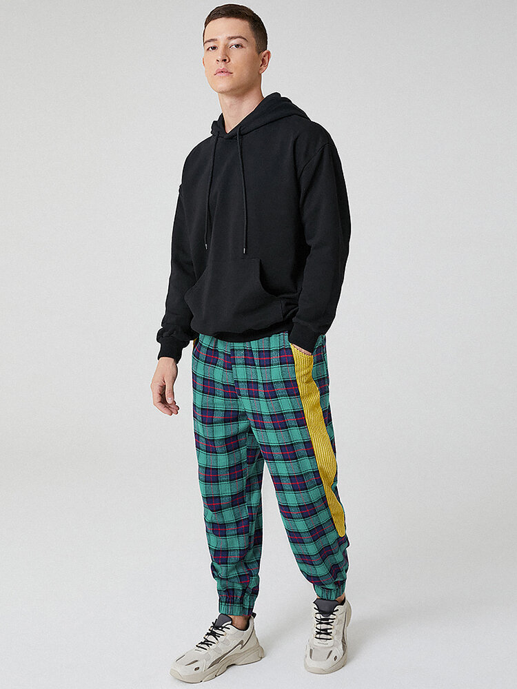 
	Mens 100% Cotton Check Side Patchwork Casual Drawstring Jogger Pants