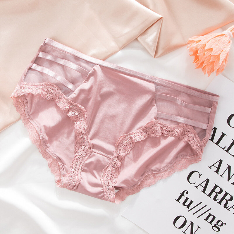 
	Lace-trim Ice Silk Seamless Breathable Mid Waisted Panties