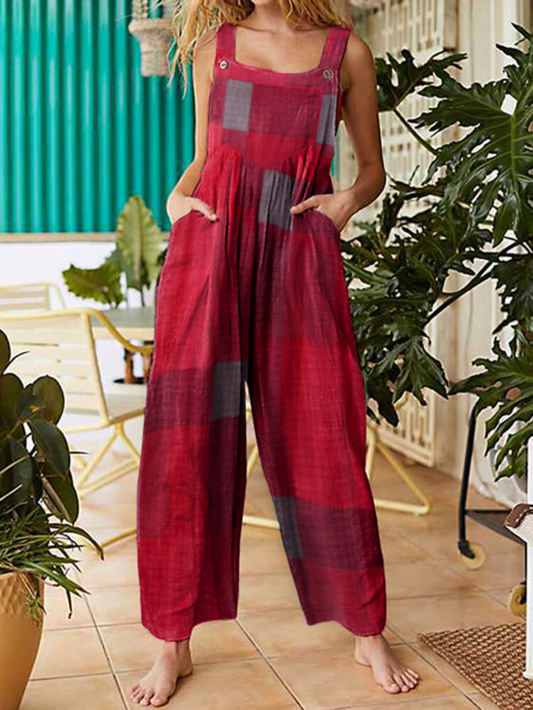 
	Vintage Color Block Straps Jumpsuit With Pocket