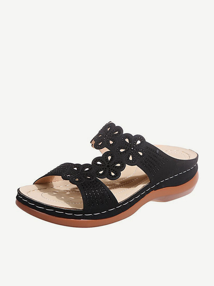 
	Women Rhinestone Carved Hollow Slippers Comfy Slip On Casual Wedges Sandals