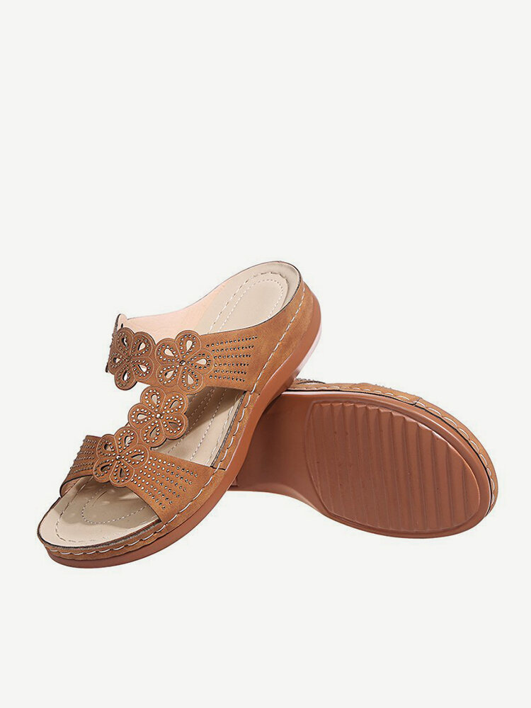 
	Women Rhinestone Carved Hollow Slippers Comfy Slip On Casual Wedges Sandals