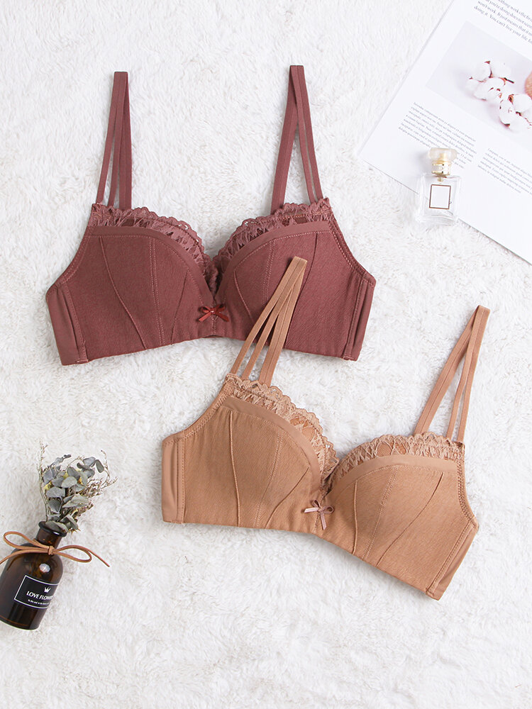 
	Women Wireless Lace Trim Push Up Double Spaghetti Straps Bra