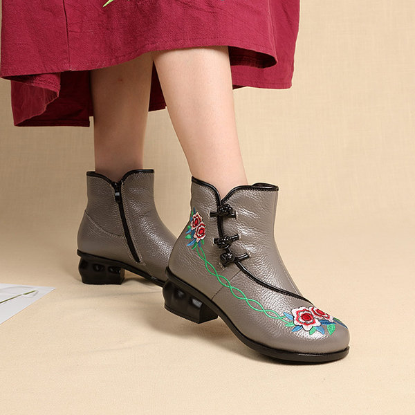 
	Embroidered Folkways Mid Heel Leather Frog Buttons Boots