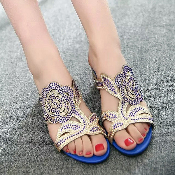 
	Rose Floral Rhinestone Beaded Crystal Peep Toe Hollow Out Slip On Slippers