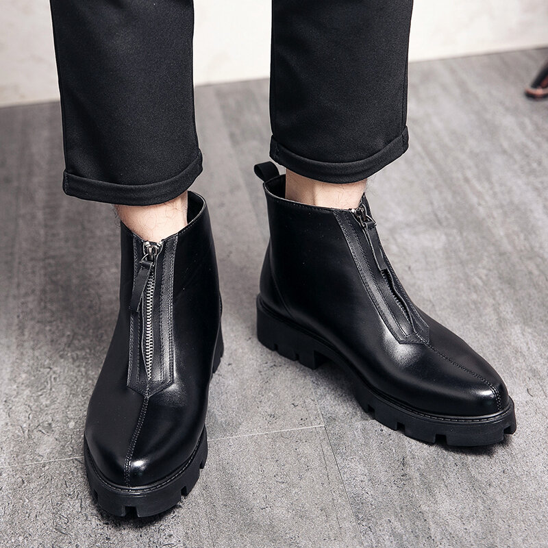 
	Men Front Zipper Comfy Wear-resistant Black Leather Ankle Boots