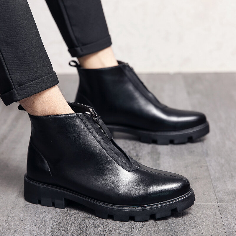 
	Men Front Zipper Comfy Wear-resistant Black Leather Ankle Boots