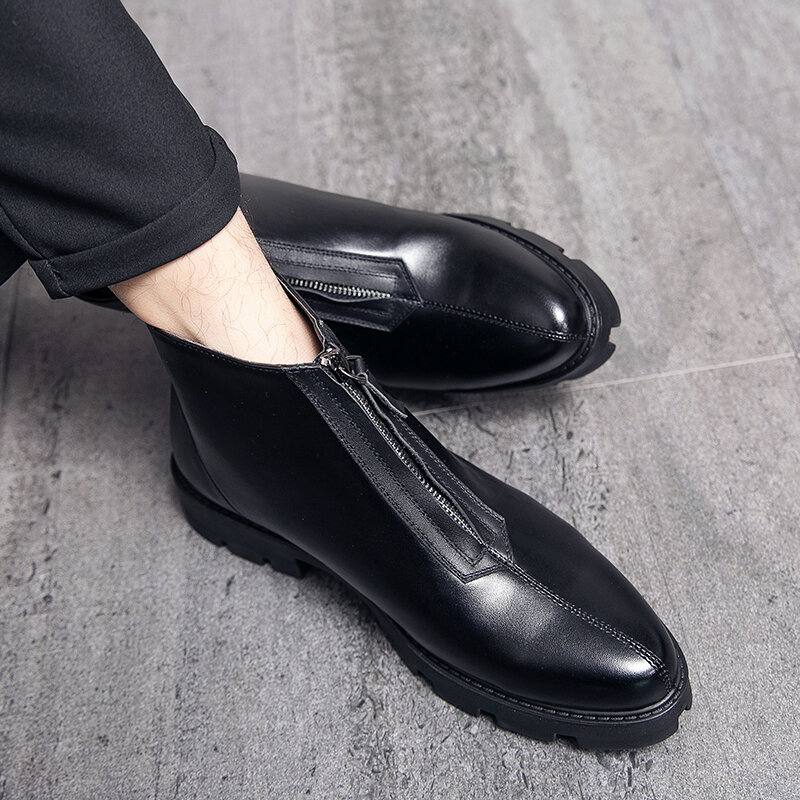 
	Men Front Zipper Comfy Wear-resistant Black Leather Ankle Boots