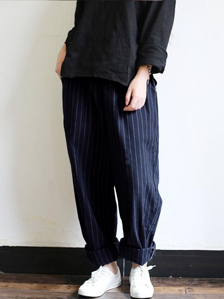 
	Vintage Stripes Pockets Elastic Waist Loose Pants