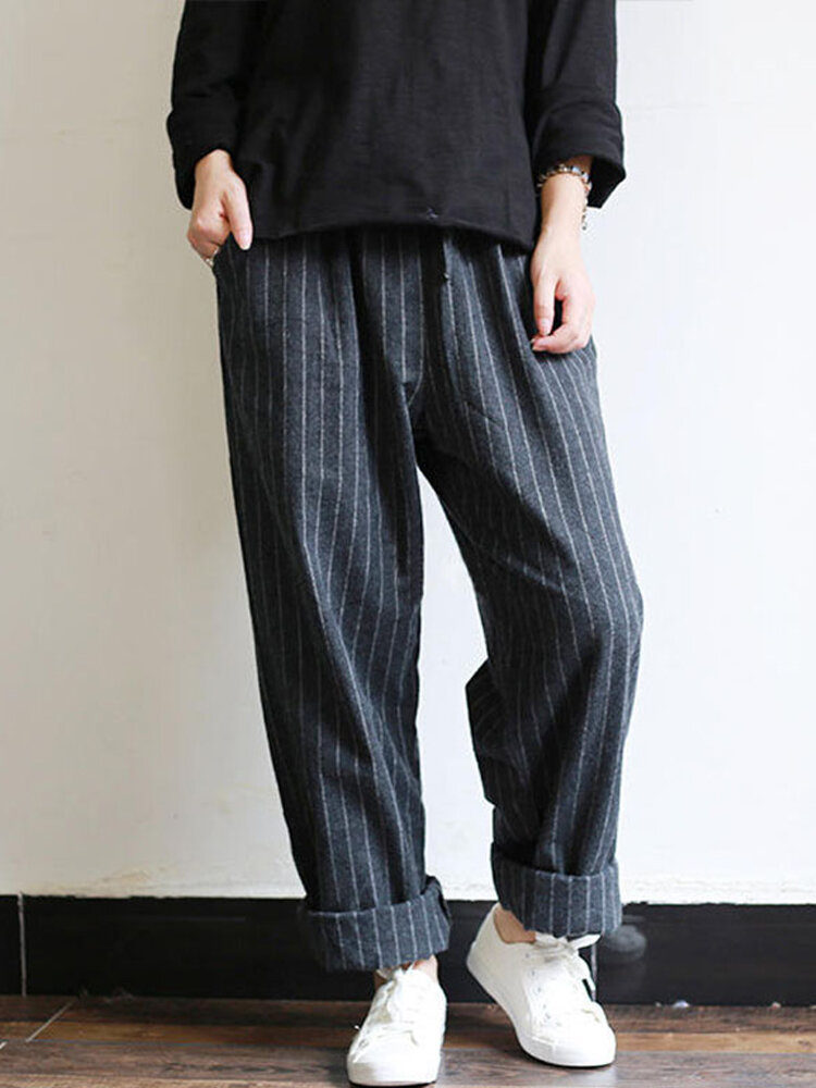 
	Vintage Stripes Pockets Elastic Waist Loose Pants