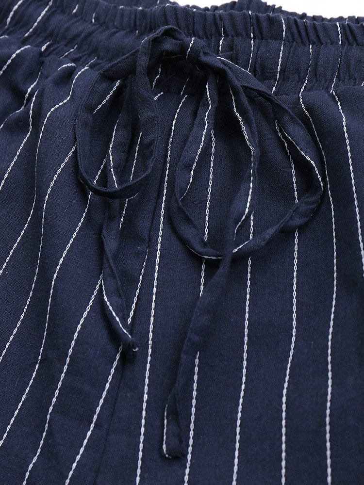 
	Vintage Stripes Pockets Elastic Waist Loose Pants
