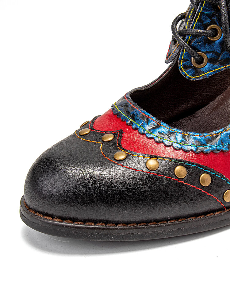 
	SOCOFY Splicing Color Block Rivet Leather Lace Up Comfy Round Toe Casual Hollow Out Heels Pumps
