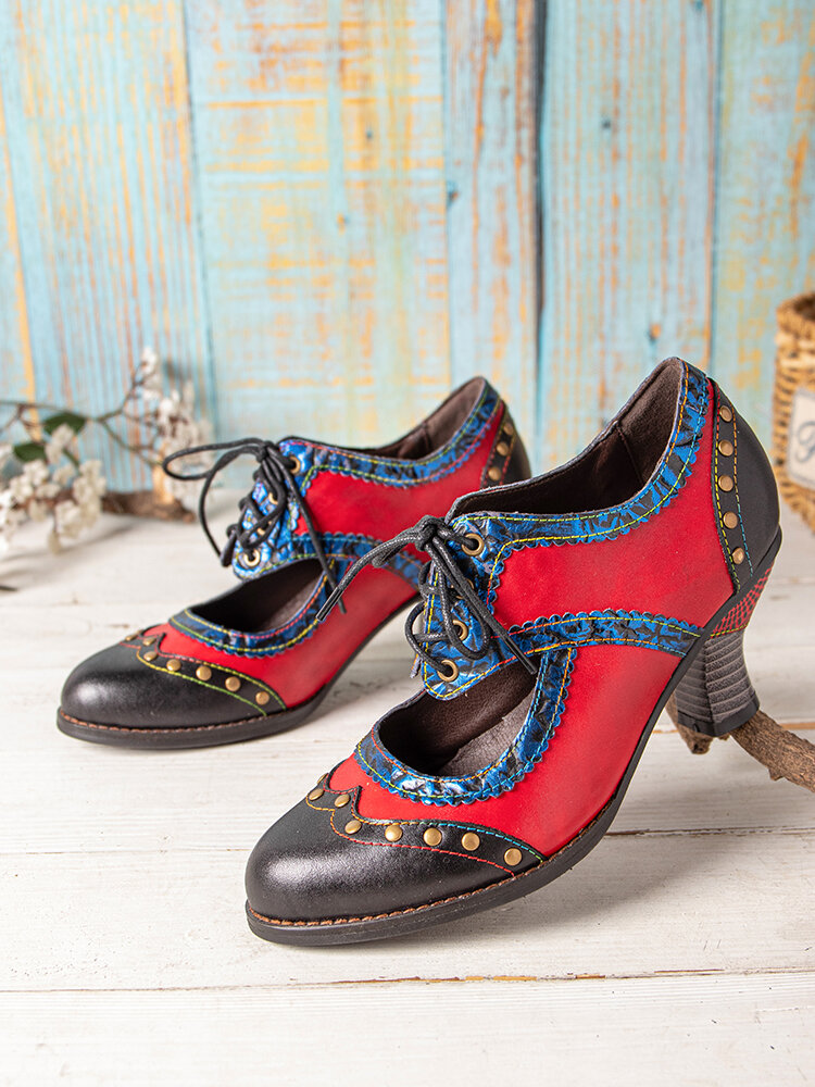 
	SOCOFY Splicing Color Block Rivet Leather Lace Up Comfy Round Toe Casual Hollow Out Heels Pumps