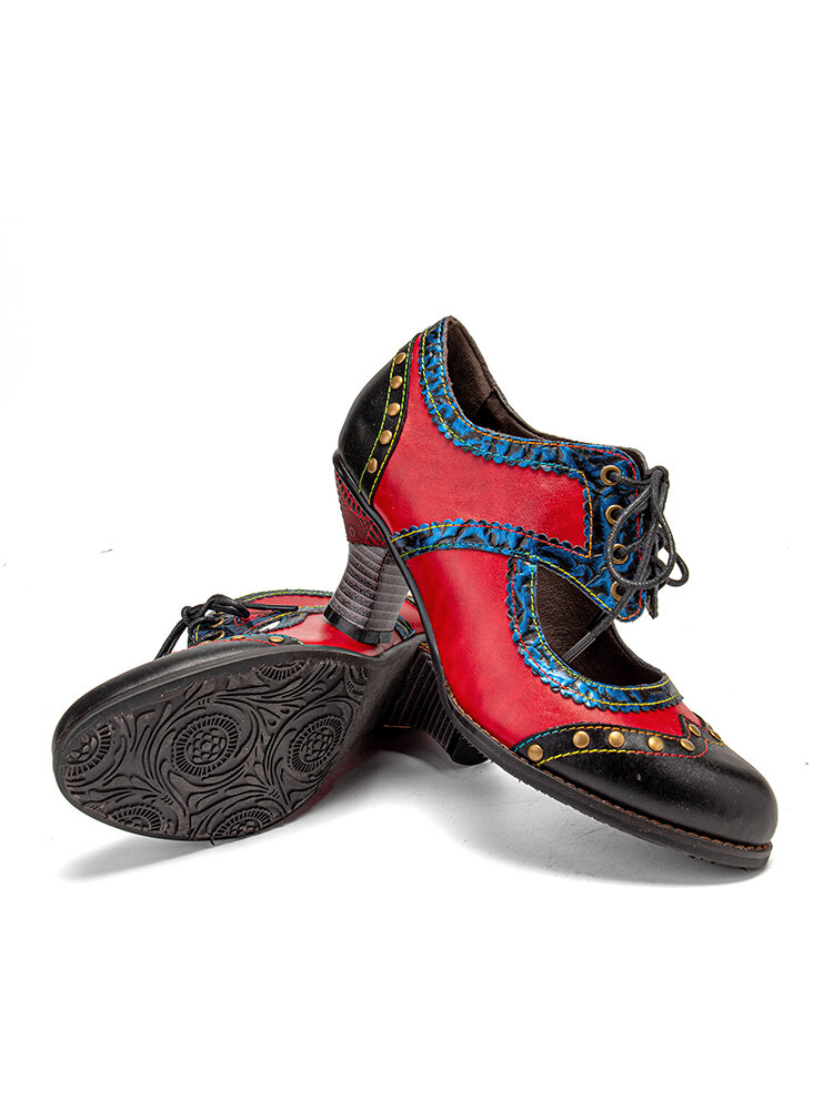 
	SOCOFY Splicing Color Block Rivet Leather Lace Up Comfy Round Toe Casual Hollow Out Heels Pumps