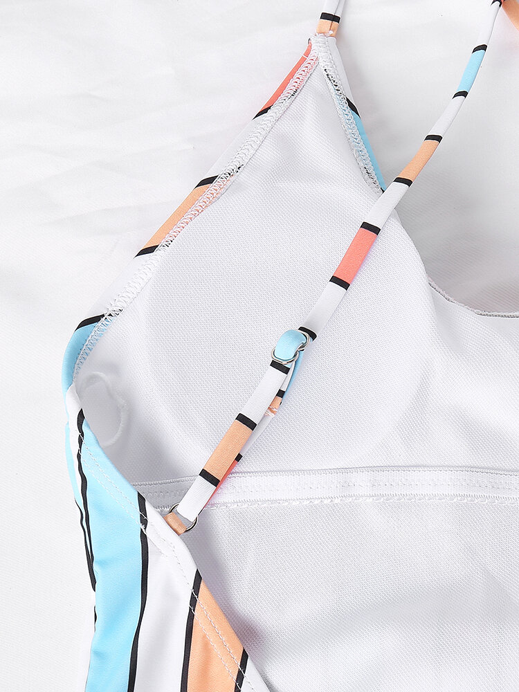 
	Women Colorful Stripe Criss Cross Backless One Piece Slimming Swimsuit