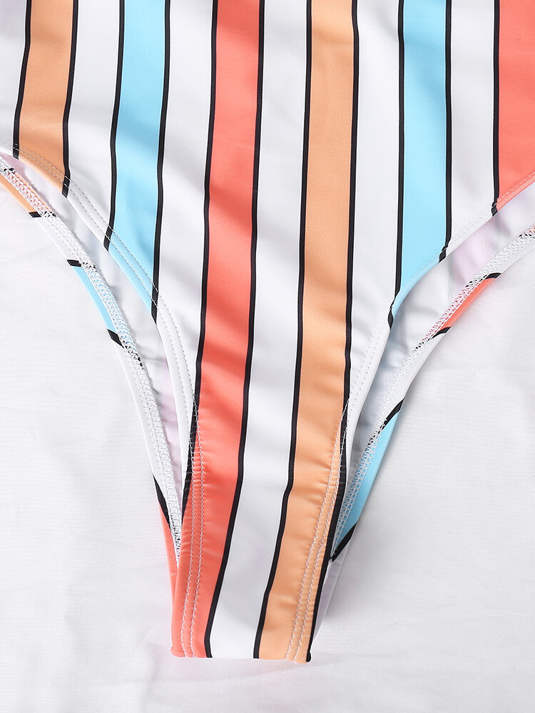 
	Women Colorful Stripe Criss Cross Backless One Piece Slimming Swimsuit
