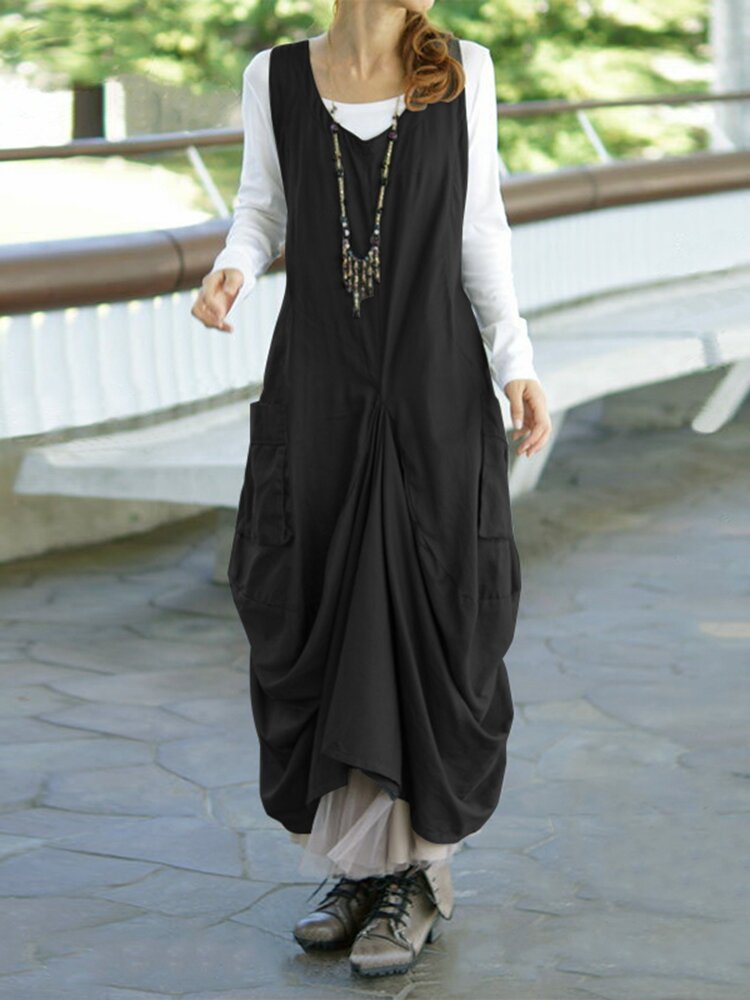 
	Irregular Solid Color Sleeveless Loose Dress For Women