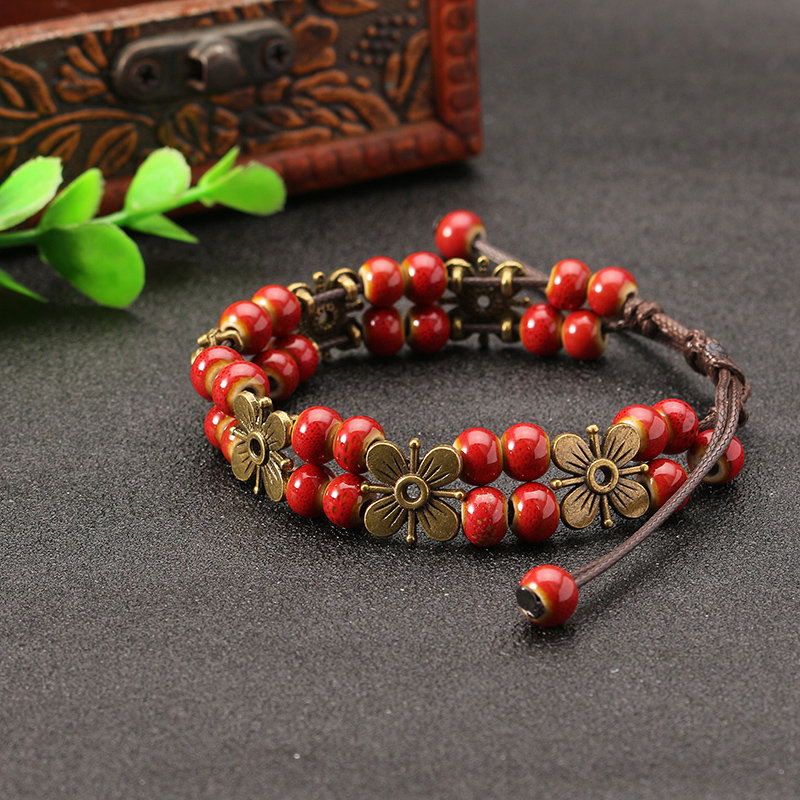 
	Women&rsquo;s Ethnic Bracelet Flower Ceramics Beads Retro Rope Bracelet