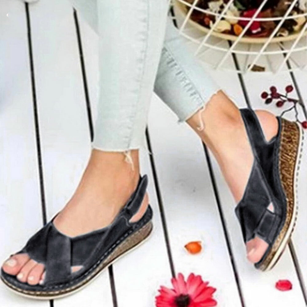 
	Plus Size Women Back Strap Hook Loop Comfy Peep Toe Casual Wedges Sandals