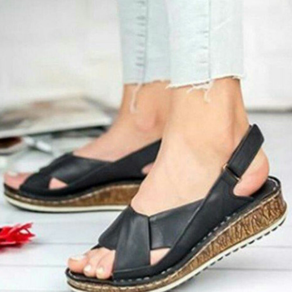 
	Plus Size Women Back Strap Hook Loop Comfy Peep Toe Casual Wedges Sandals