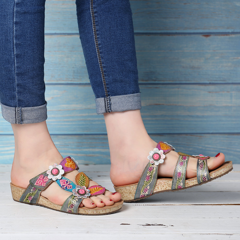 
	SOCOFY Hand Painted Genuine Leather Retro Gems Floral Pattern Hook Loop Comfortable Sandals