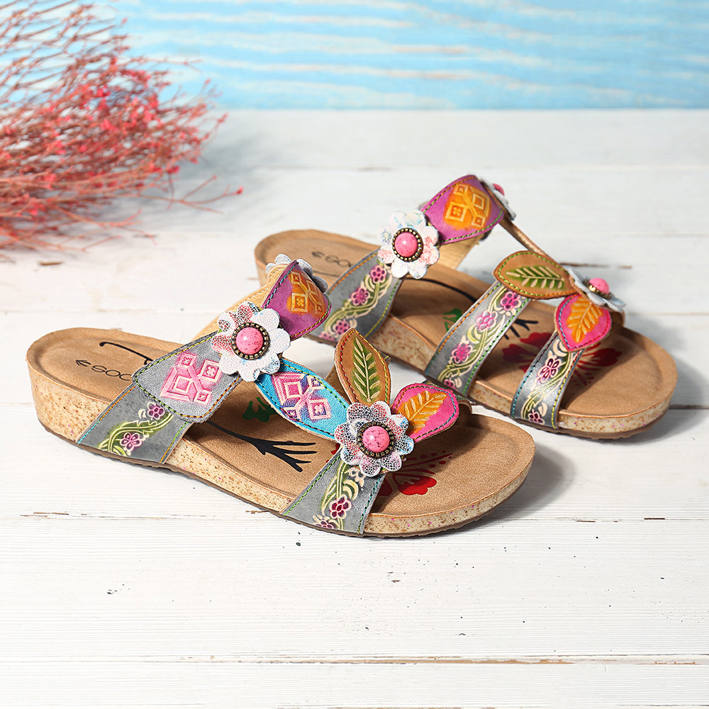
	SOCOFY Hand Painted Genuine Leather Retro Gems Floral Pattern Hook Loop Comfortable Sandals
