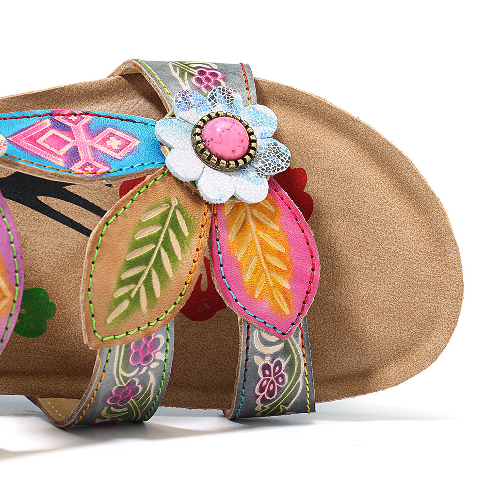 
	SOCOFY Hand Painted Genuine Leather Retro Gems Floral Pattern Hook Loop Comfortable Sandals
