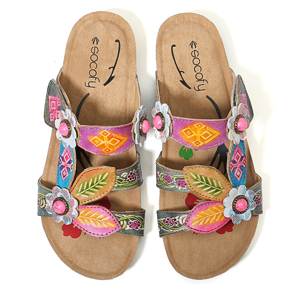 
	SOCOFY Hand Painted Genuine Leather Retro Gems Floral Pattern Hook Loop Comfortable Sandals