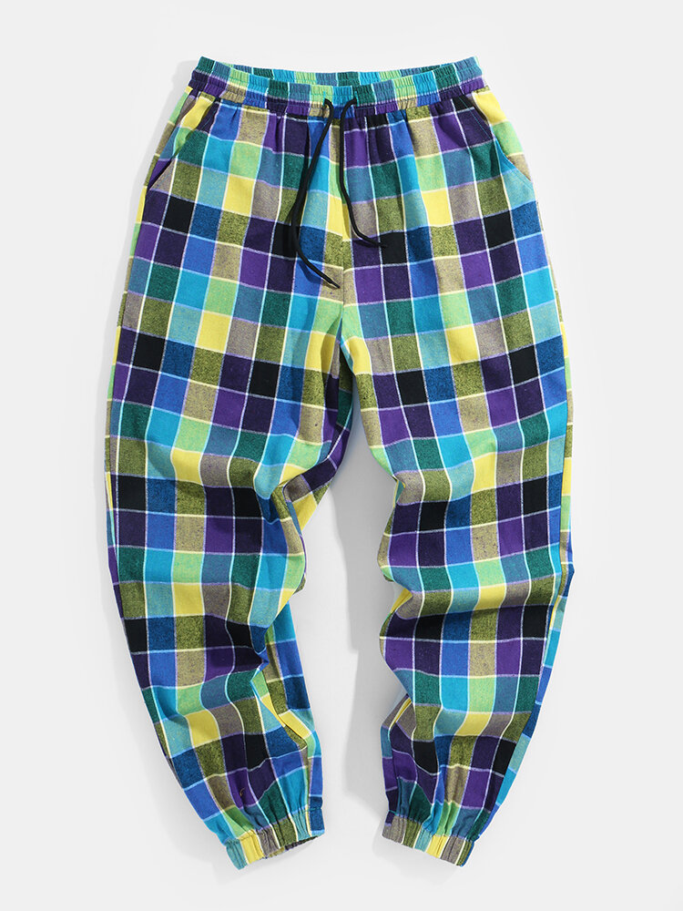 
	Mens 100% Cotton Colorful Check Casual Drawstring Jogger Pants With Pocket