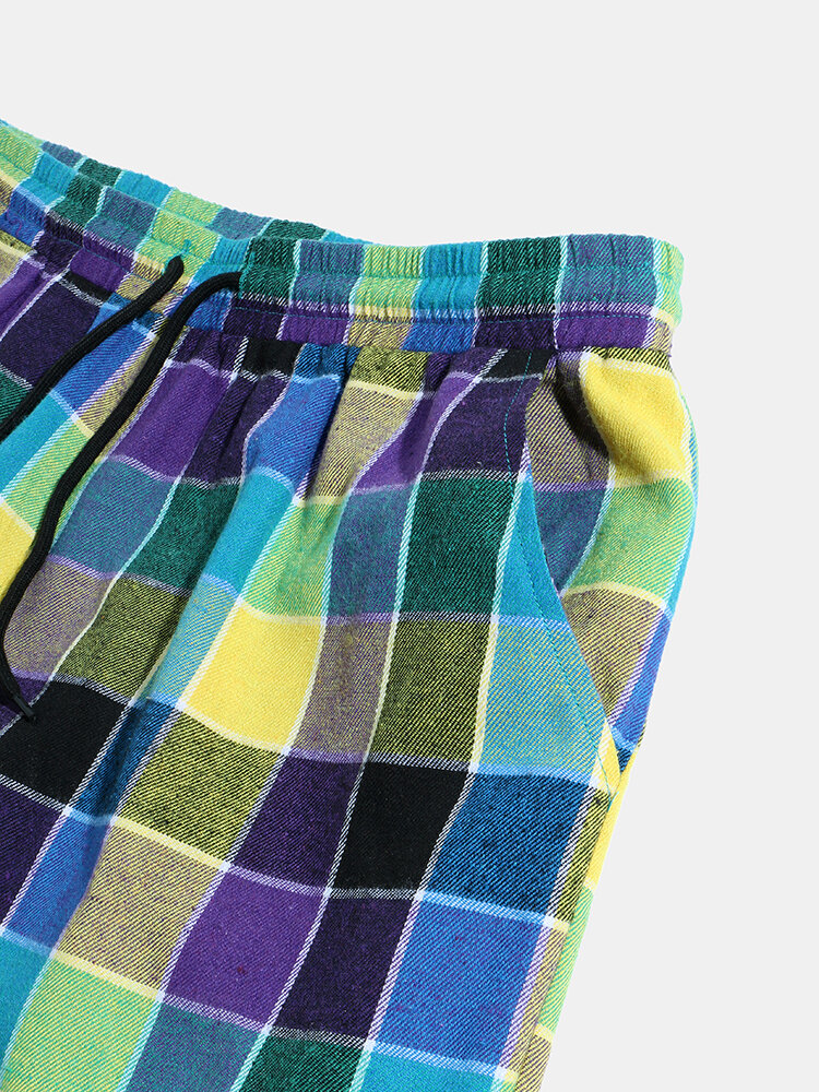 
	Mens 100% Cotton Colorful Check Casual Drawstring Jogger Pants With Pocket