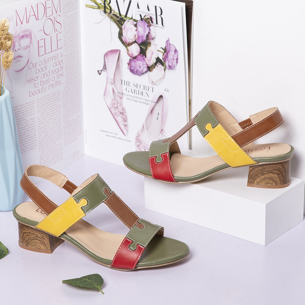 
	LOSTISY Color Block T Shape Opened Toe Elastic Band Chunky Heel Sandals