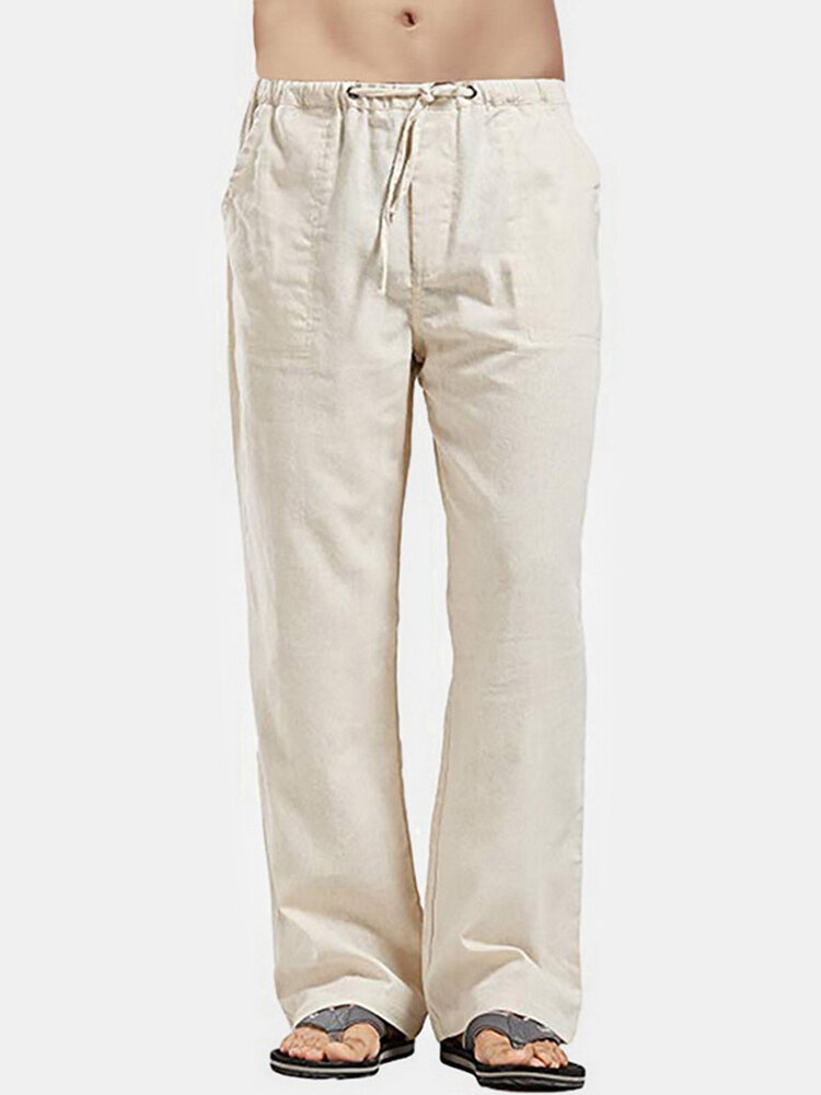 
	Men Solid Color Drawstring Pocket Casual Loose Straight Pants