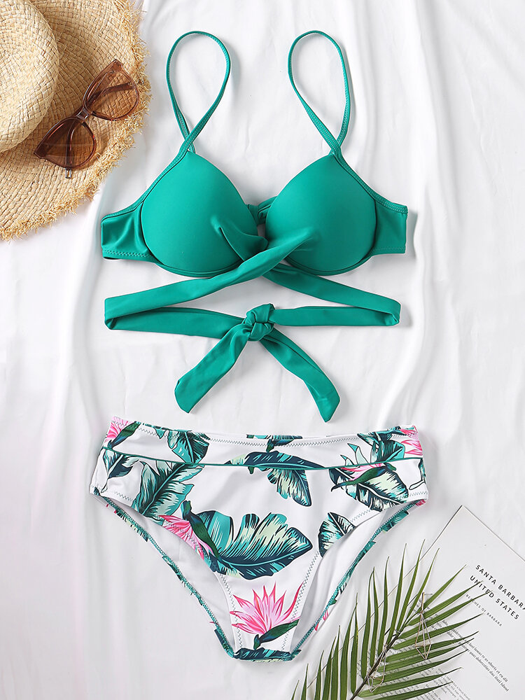 
	Women Plant Print Wrap Underwire Tie Back Spaghetti Straps Bikinis Swimwear