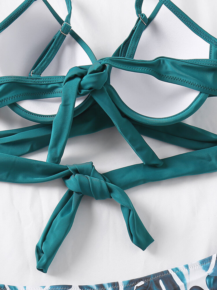 
	Women Plant Print Wrap Underwire Tie Back Spaghetti Straps Bikinis Swimwear